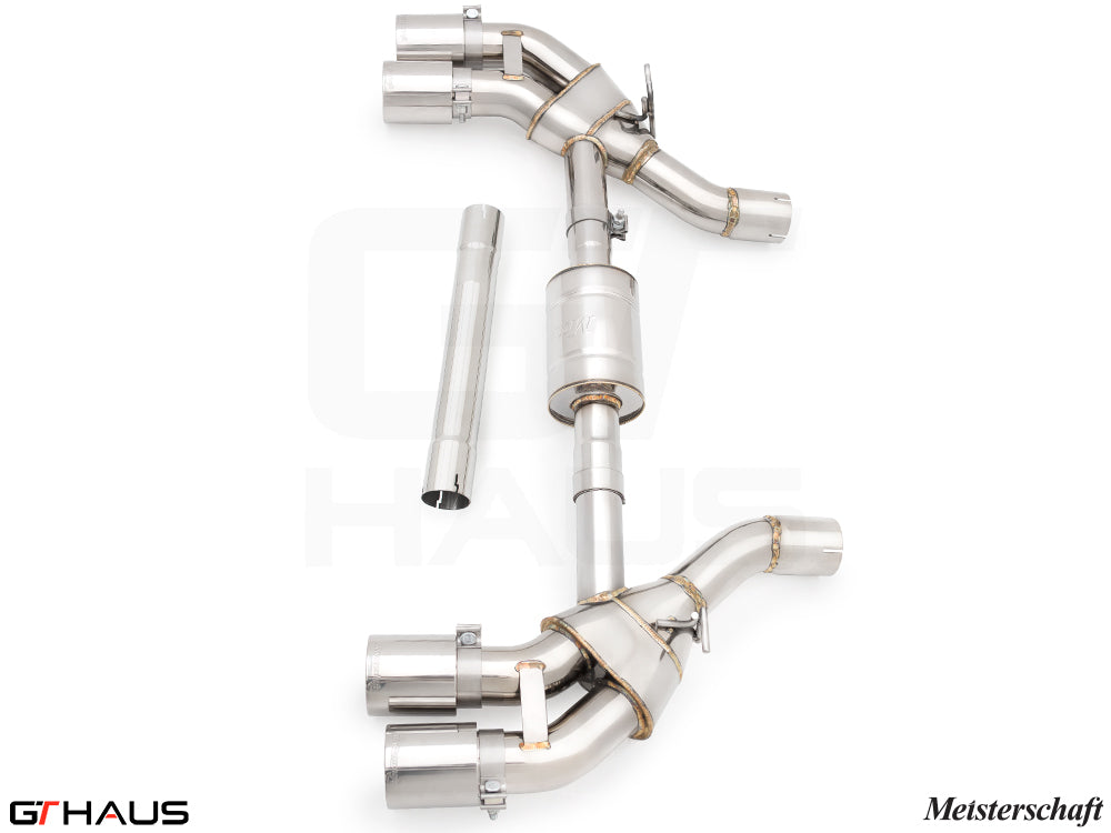 Premium performance exhaust system for BMW G90 M5 Sedan and G99 M5 Wagon, featuring stainless steel construction and dual tips.