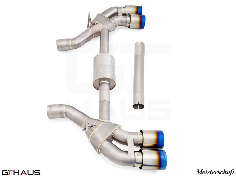 Premium exhaust system for BMW G90 M5 Sedan and G99 M5 Wagon, featuring V8 twin turbo hybrid design and Meisterschaft branding.