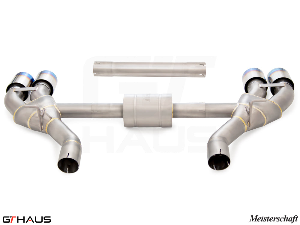Premium exhaust system for BMW G90 M5 Sedan and G99 M5 Wagon, featuring V8 twin turbo hybrid design and dual tips.