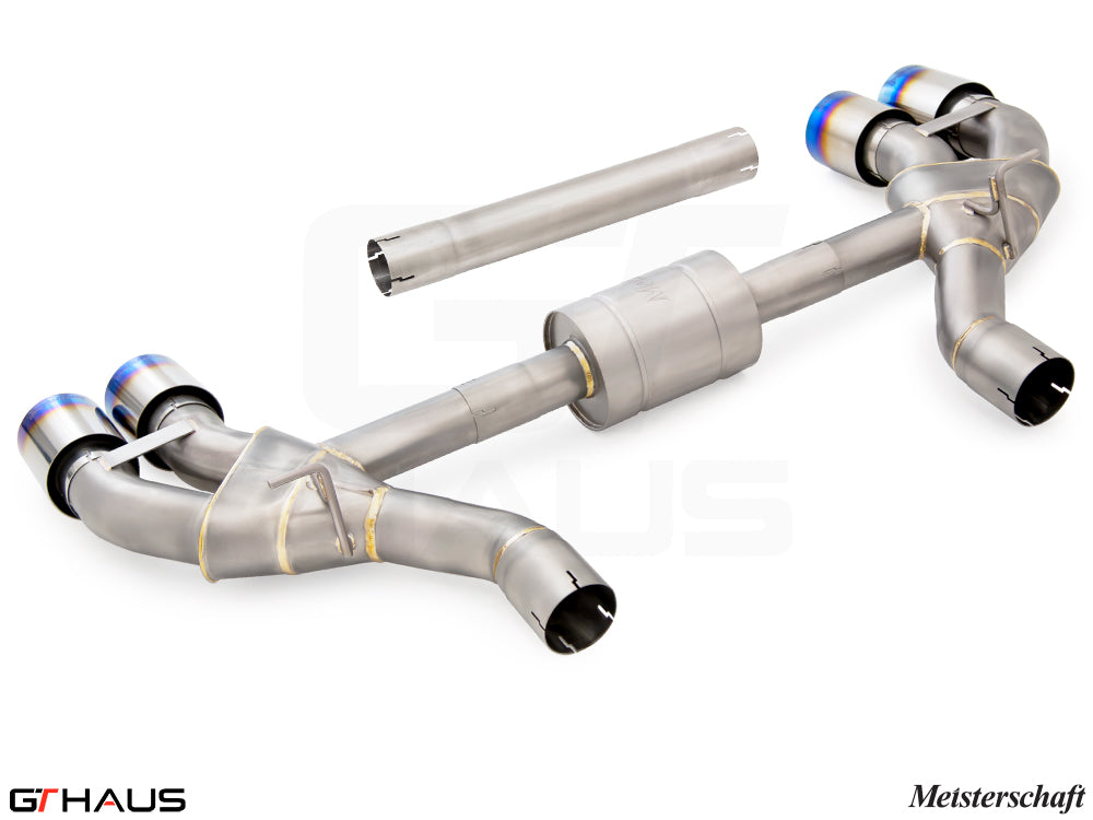 Premium exhaust system for BMW G90 M5 Sedan and G99 M5 Wagon, featuring V8 twin turbo hybrid design and stainless steel construction.