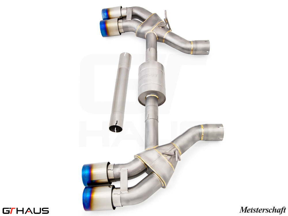Premium exhaust system for BMW G90 M5 Sedan and G99 M5 Wagon, featuring V8 twin turbo hybrid design and stylish tips.
