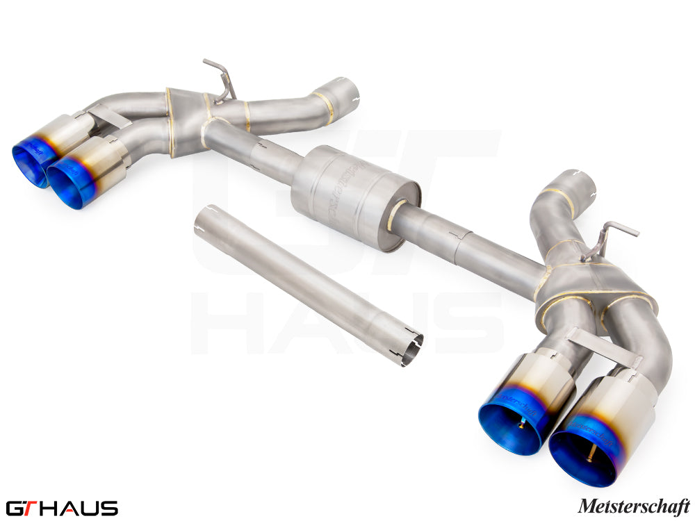 Premium exhaust system for BMW G90 M5 Sedan and G99 M5 Wagon, featuring V8 twin turbo hybrid design and blue-tipped outlets.