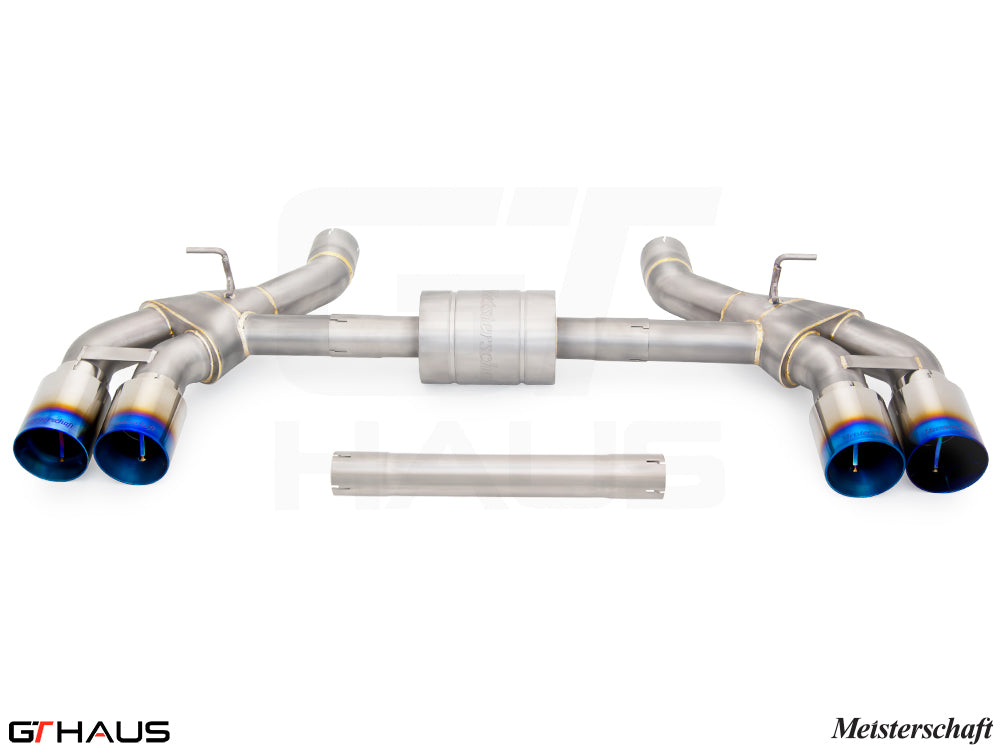 Premium exhaust system for BMW G90 M5 Sedan and G99 M5 Wagon, featuring V8 twin turbo hybrid design with polished tips.