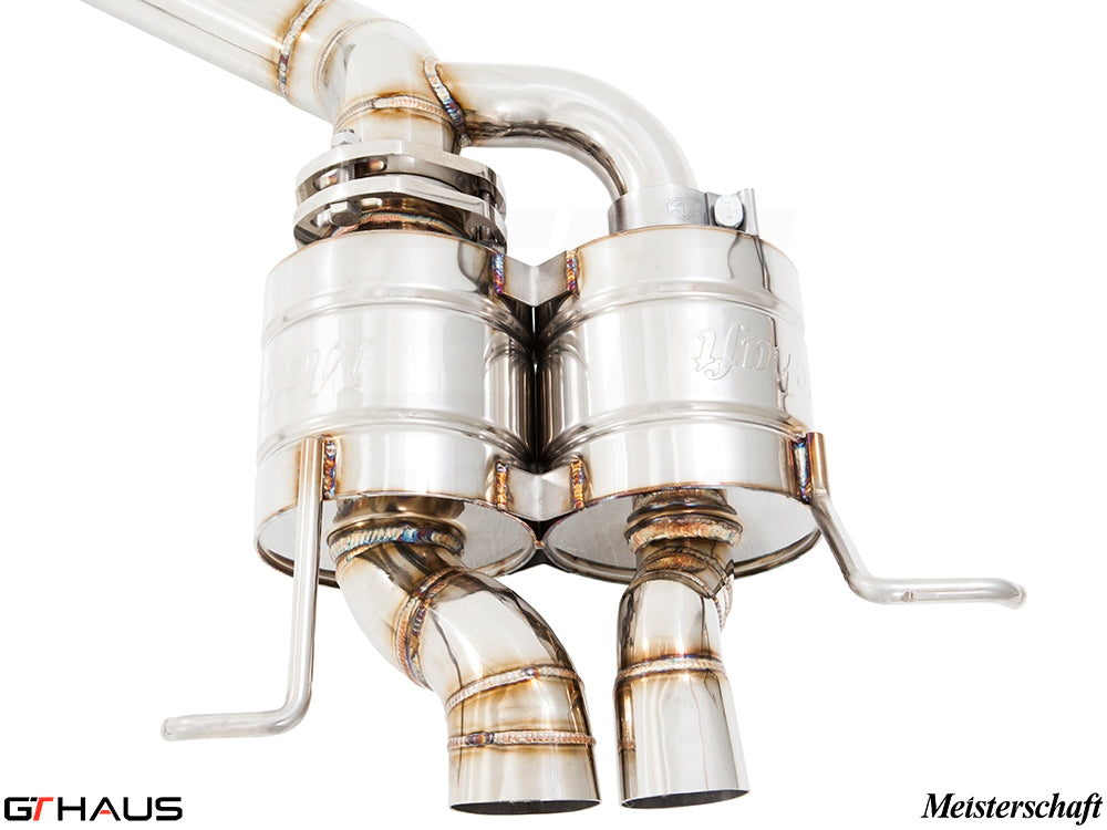 Premium exhaust system for Bentley Continental GT Speed, featuring polished stainless steel construction and dual outlets.