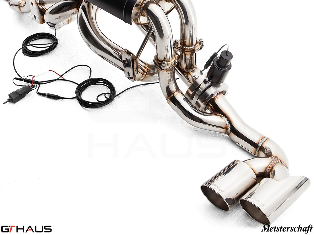 Premium Meisterschaft exhaust system for Ferrari F430 Coupe/Spider, featuring stainless steel construction and electronic valve control.