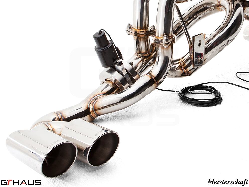 Premium exhaust system for Ferrari F430 Coupe/Spider featuring polished stainless steel and electronic valve control.