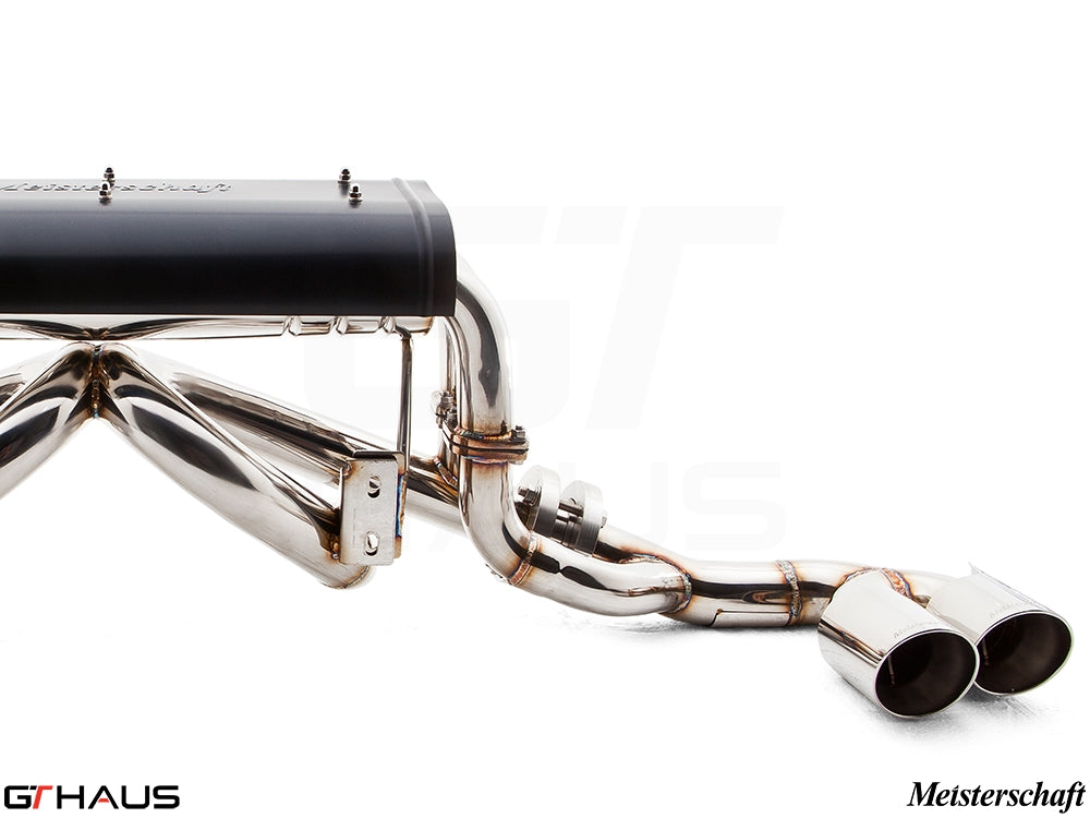 Premium Meisterschaft exhaust system for Ferrari F430 Coupe and Spider, showcasing polished stainless steel construction and dual tips.