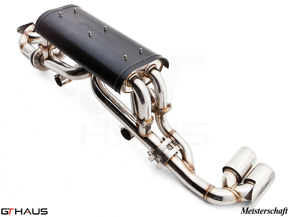 Premium Meisterschaft exhaust system for Ferrari F430 Coupe and Spider, featuring stainless steel construction and sleek design.