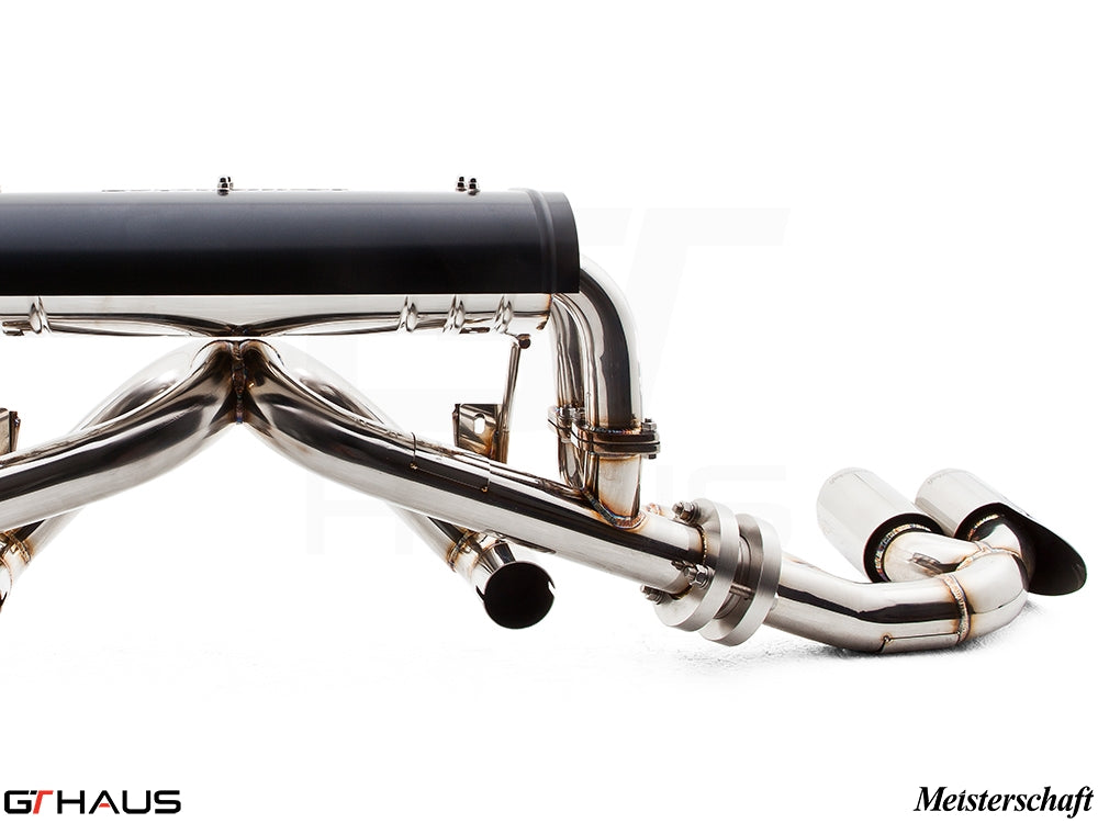 Premium exhaust system for Ferrari F430 Coupe/Spider, featuring stainless steel construction and Meisterschaft branding.
