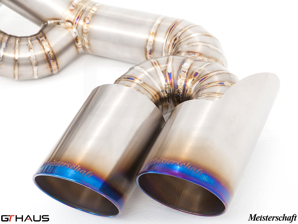 Premium Meisterschaft exhaust system for Ferrari F430 Coupe/Spider, featuring polished stainless steel and vibrant tips.