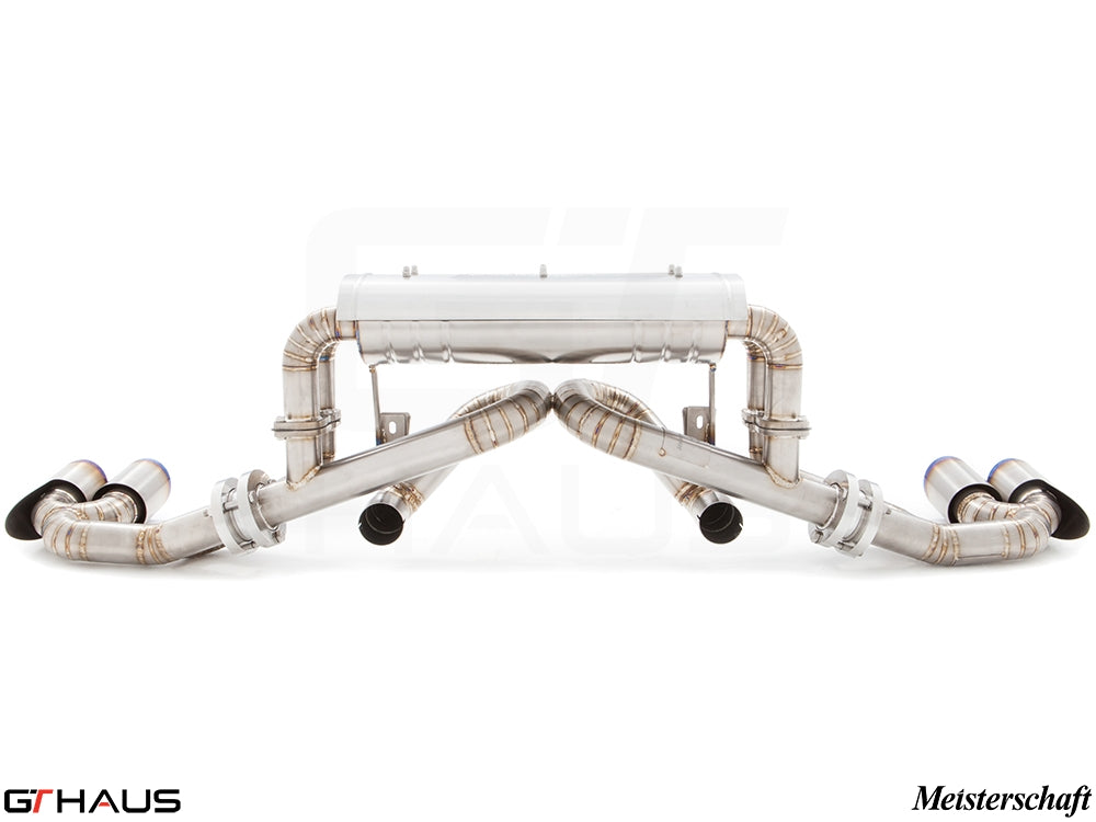 Premium Meisterschaft exhaust system for Ferrari F430 Coupe/Spider, featuring stainless steel construction and dual tips.
