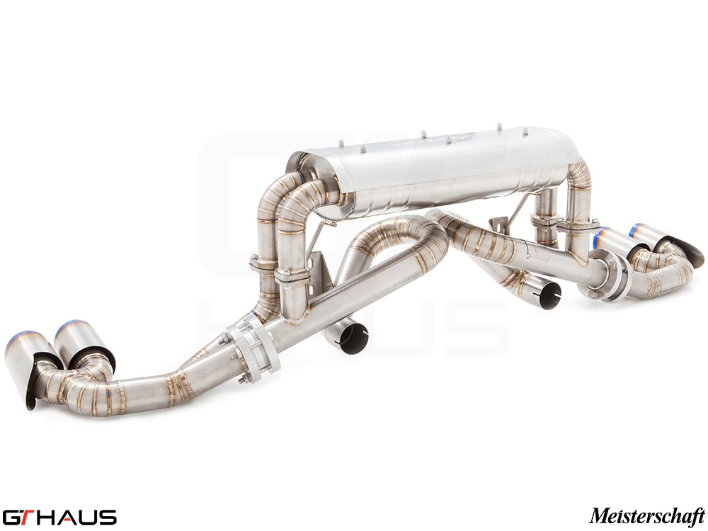 Premium performance exhaust system for Ferrari F430 Coupe and Spider, featuring stainless steel construction and Meisterschaft branding.