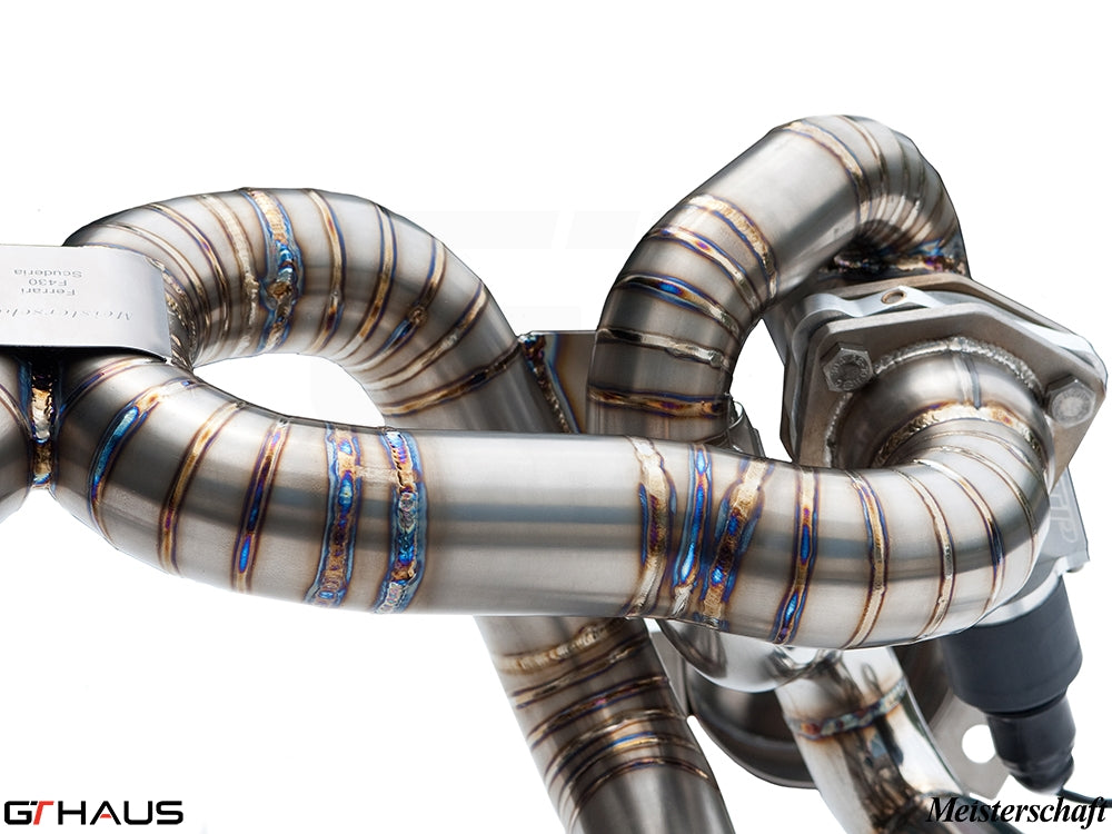 Premium stainless steel exhaust system for Ferrari F430 Scuderia, showcasing precision welding and design.