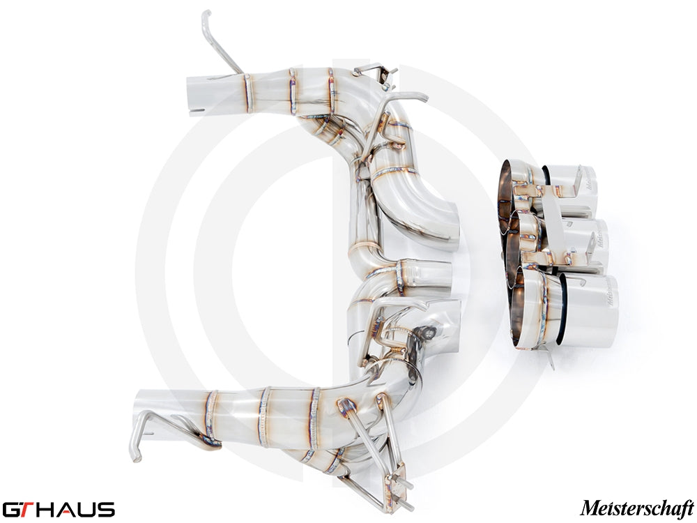 Premium Meisterschaft exhaust system for Ferrari F458 V8 Coupe/Spider, showcasing stainless steel craftsmanship.