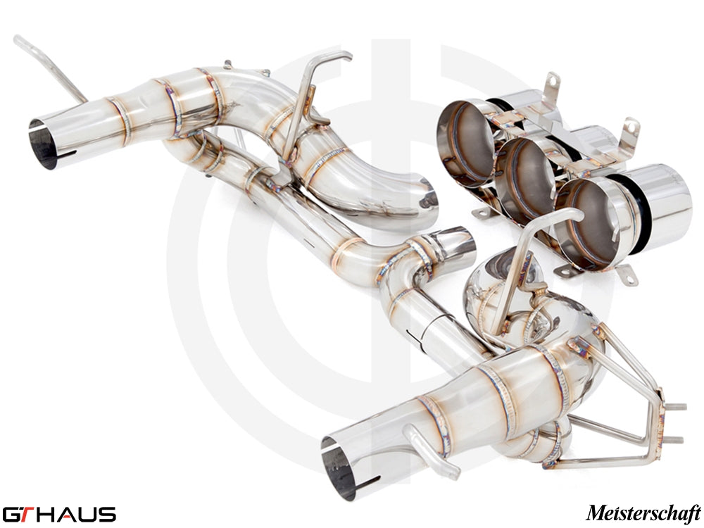 Premium stainless steel exhaust system for Ferrari F458 V8 Coupe and Spider, featuring advanced valve control technology.