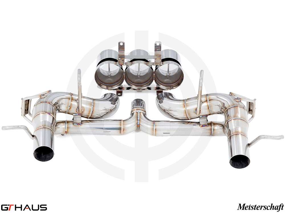 Meisterschaft exhaust system for Ferrari F458 V8 Coupe/Spider, featuring polished stainless steel construction and dual tips.