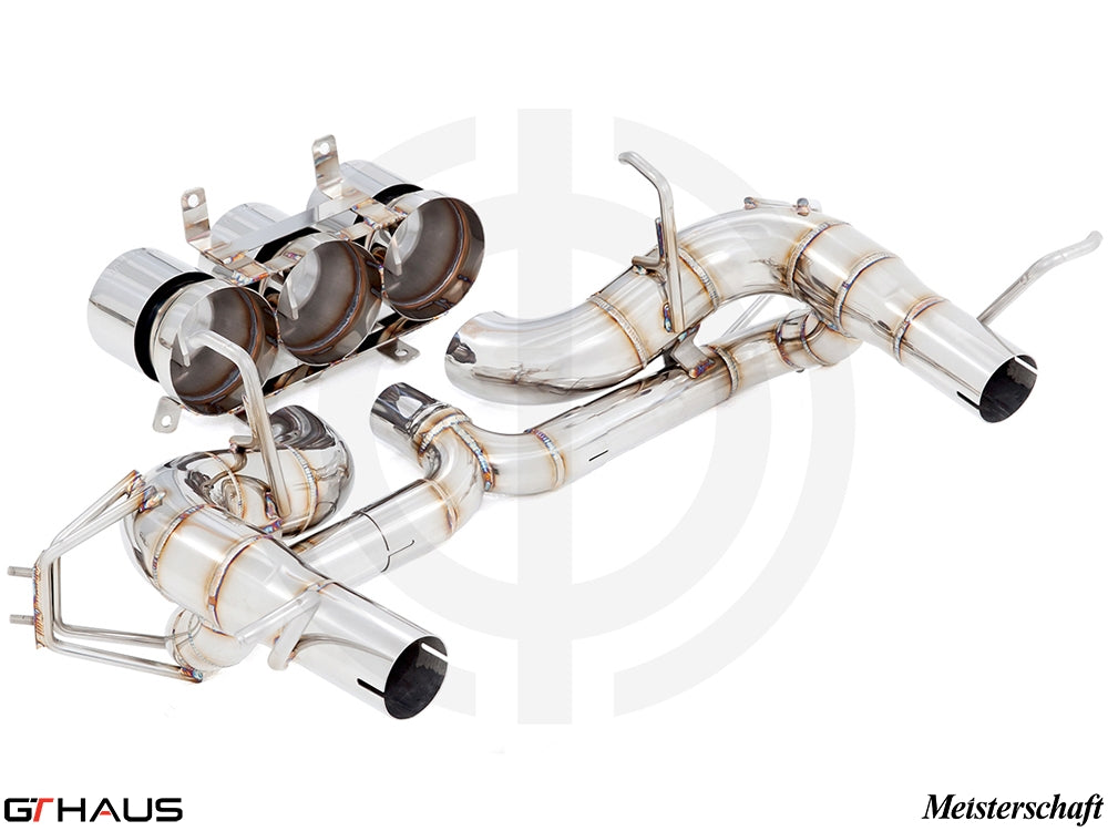 Premium stainless steel exhaust system for Ferrari F458 V8 Coupe/Spider, featuring precision craftsmanship and performance enhancement.