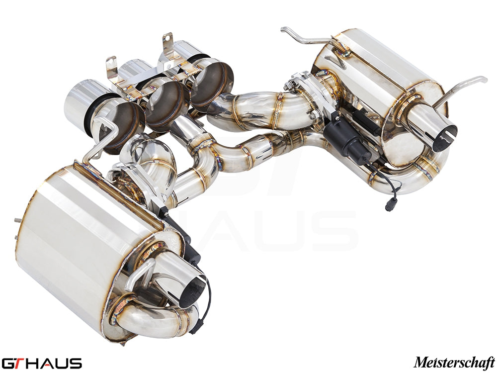 Premium exhaust system for Ferrari F458 V8 Coupe and Spider, featuring stainless steel construction and electronic valve control.