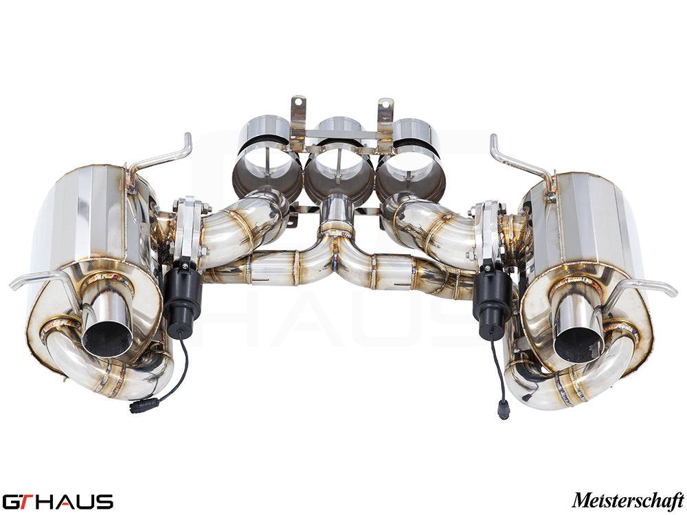 Premium exhaust system for Ferrari F458 V8 Coupe/Spider, featuring stainless steel construction and electronic valve control.