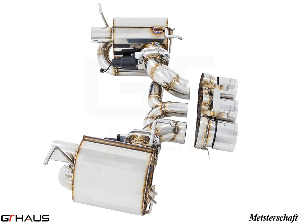 Premium exhaust system for Ferrari F458 V8 Coupe/Spider, featuring stainless steel construction and electronic valve control.