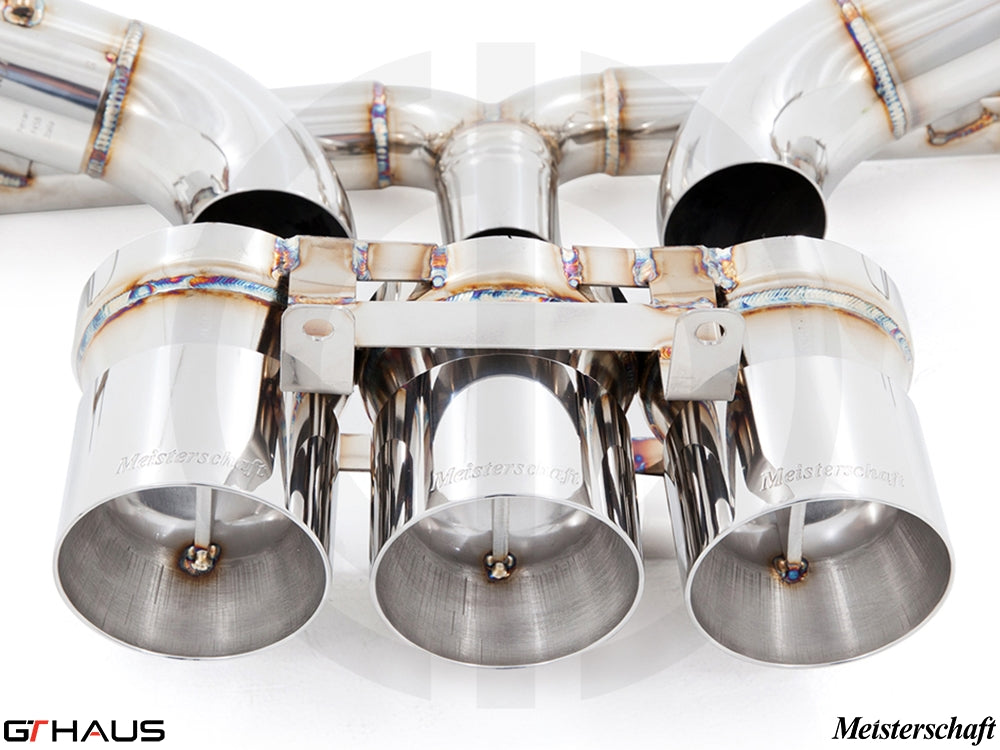 Premium Meisterschaft exhaust system for Ferrari F458 V8 Coupe/Spider, showcasing polished stainless steel tips and craftsmanship.