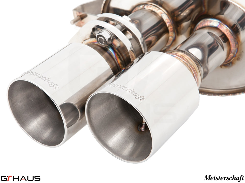 Premium Meisterschaft exhaust tips for Ferrari F599 GTB/GTO V12 Coupe, showcasing polished stainless steel finish.