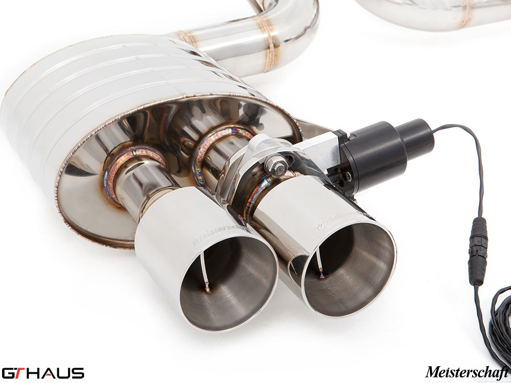 Premium exhaust system for Ferrari F599 GTB/GTO featuring stainless steel tips and electronic valve control.