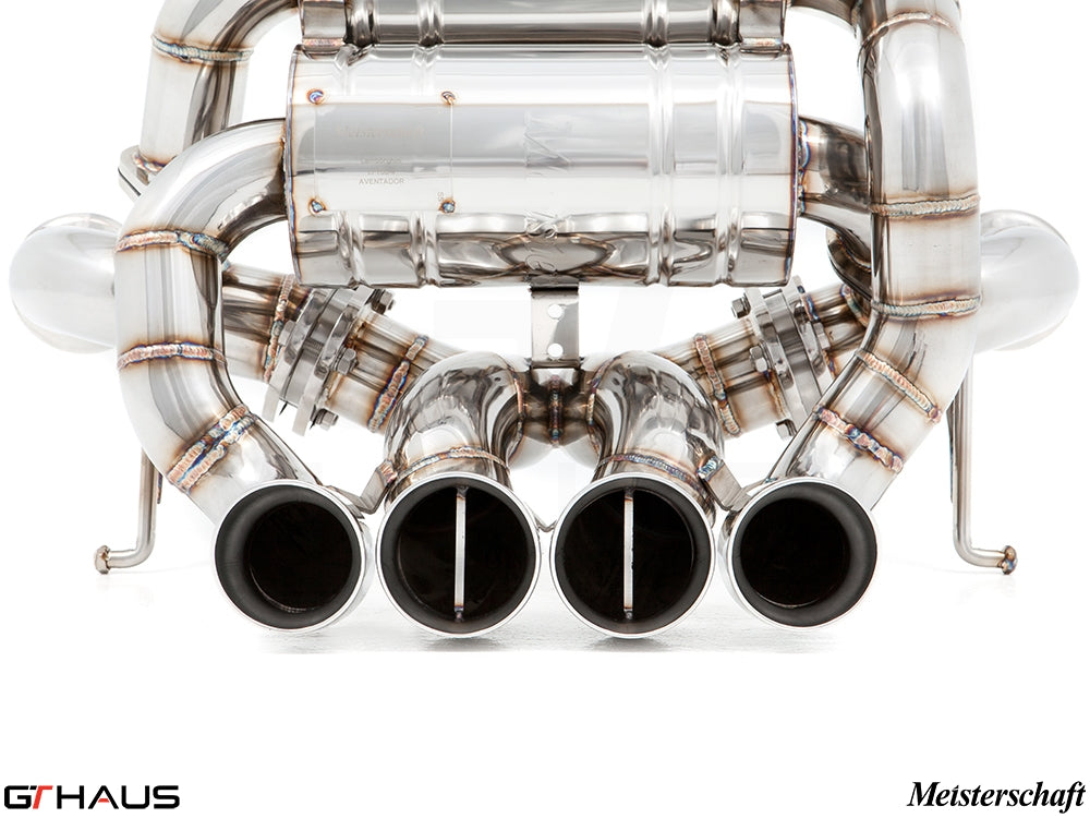 Premium exhaust system for Lamborghini Aventador LP700/720/750-4 Coupe, featuring polished stainless steel and quad tips.
