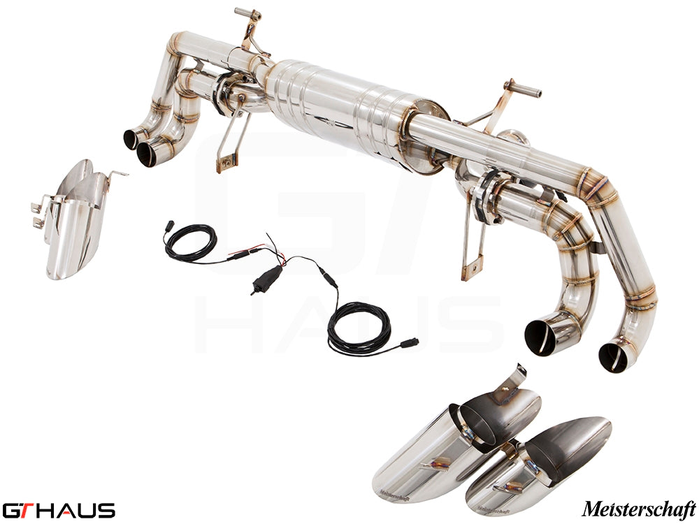 Premium Meisterschaft exhaust system for Lamborghini Huracan LP610-4, featuring stainless steel construction and electronic valve control.