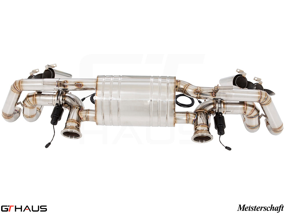 Premium Meisterschaft exhaust system for Lamborghini Huracan LP610-4 Coupe, featuring stainless steel construction and electronic valves.