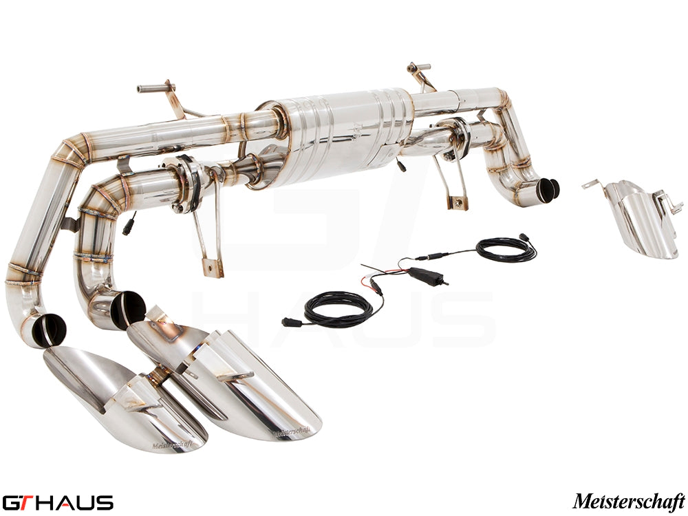 Premium Meisterschaft exhaust system for Lamborghini Huracan LP610-4, featuring polished stainless steel and electronic valve control.