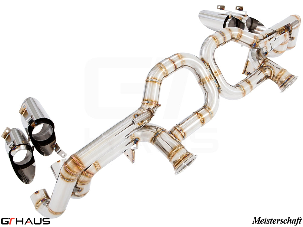 Premium Meisterschaft exhaust system for Lamborghini Huracan LP610-4 Coupe, featuring stainless steel construction and electronic valves.