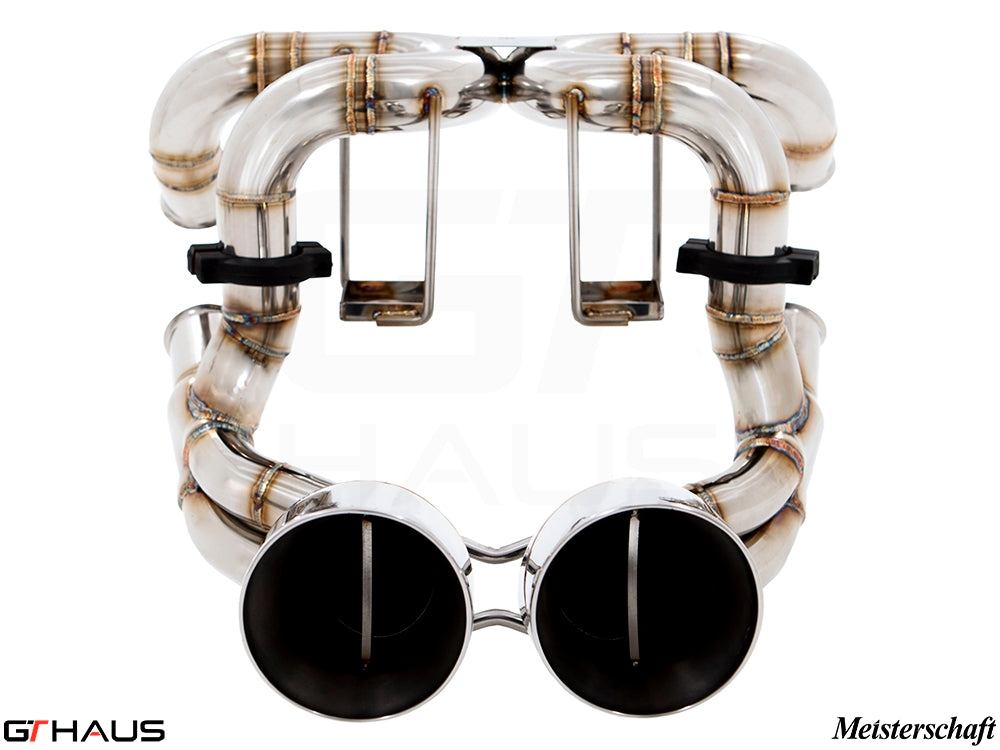 Premium exhaust system for Lamborghini Murcielago V12, featuring polished dual tips and high-quality stainless steel construction.