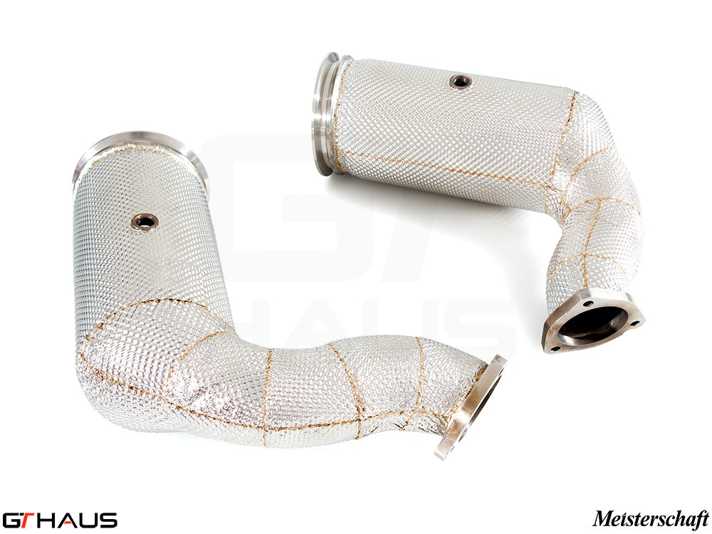 Lamborghini URUS V8 4.0T 2019+ down pipes with OBD2 and 400 CEL sport cats, featuring high-quality stainless steel construction.