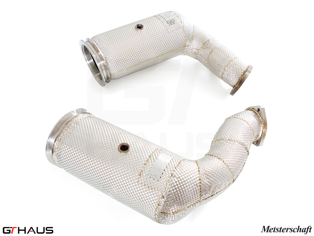 Lamborghini URUS V8 4.0T 2019+ down pipes with OBD2 and 400 CEL sport cats, featuring a heat-resistant design.