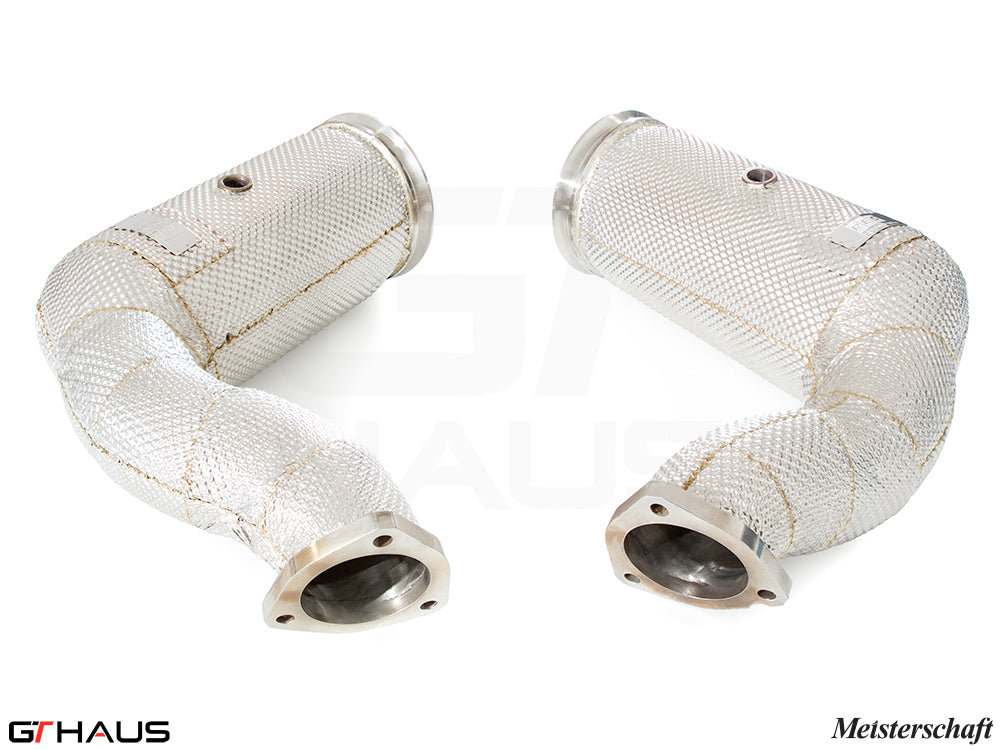 Lamborghini URUS V8 4.0T 2019+ down pipes with OBD2 and 400 CEL sport cats, featuring a polished stainless steel finish.