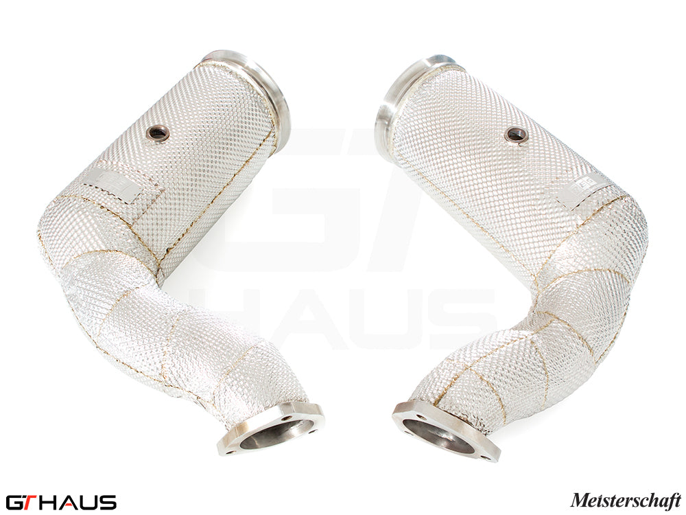 Lamborghini URUS V8 4.0T 2019+ down pipes with OBD2 and 400 CEL sport cats, featuring a heat-resistant design.