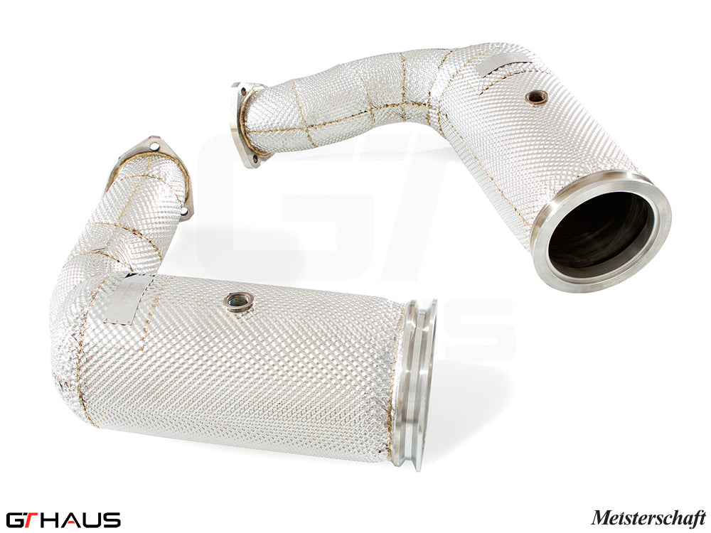 Lamborghini URUS V8 4.0T 2019+ down pipes with OBD2 and 400 CEL sport cats, featuring a stainless steel design.