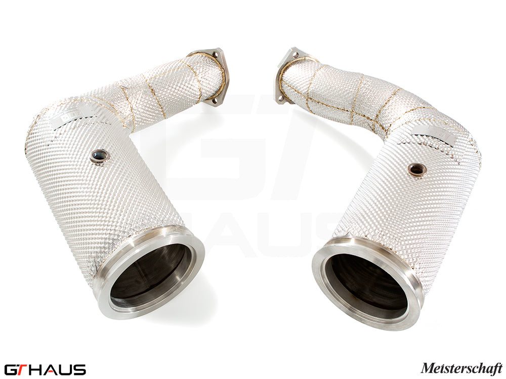 Lamborghini URUS V8 4.0T 2019+ down pipes with OBD2 and 400 CEL sport cats, featuring a polished stainless steel finish.