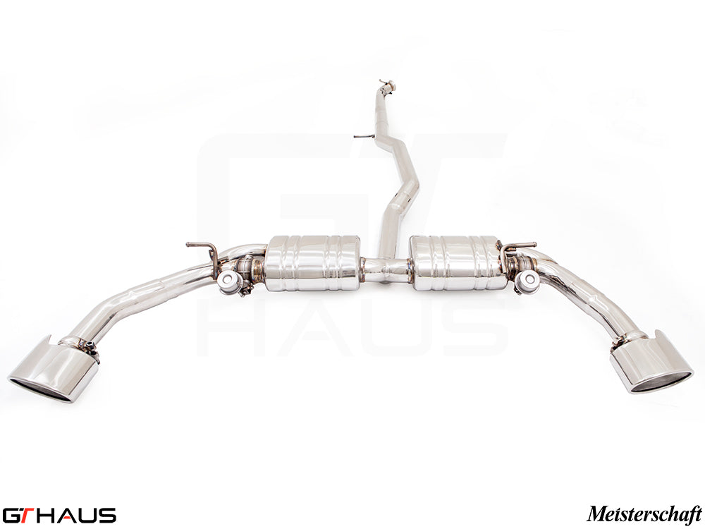 Premium exhaust system for Mercedes-Benz C117 CLA 45 AMG and CLA250, featuring stainless steel construction and dual tips.