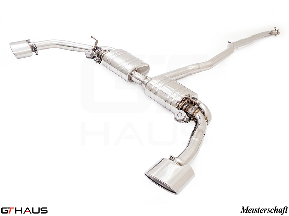 Premium performance exhaust system for Mercedes-Benz C117 CLA 45 AMG and CLA250, featuring stainless steel construction and electronic valve control.