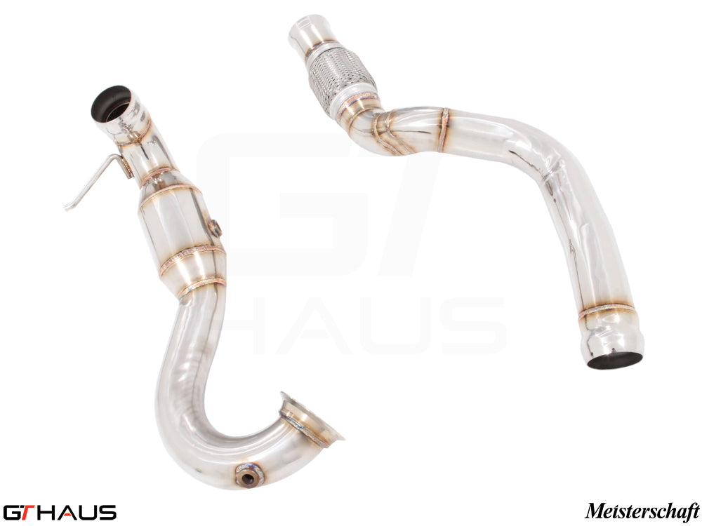 Mercedes-Benz C118 CLA 45 AMG 2020+ down pipes with OBD2 and 400 CEL sport cats for enhanced performance.