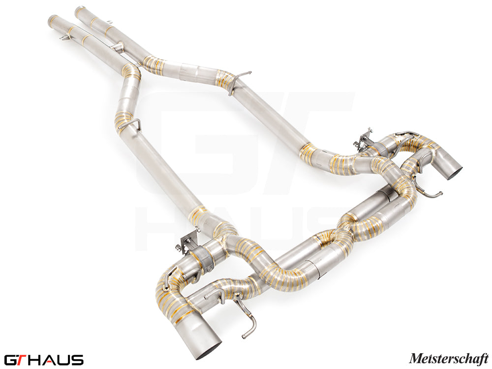 Premium performance exhaust system for Mercedes-Benz C190 AMG GTS and GTR Coupe, featuring stainless steel construction.