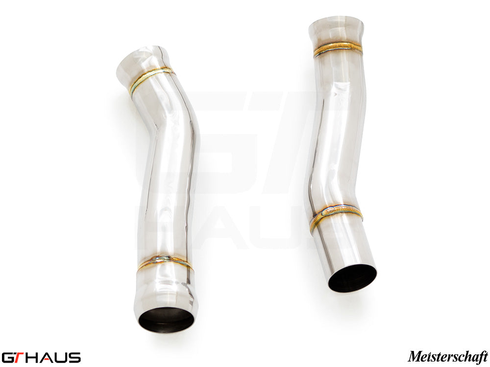 Mercedes-Benz C190 AMG GTS Coupe/Convertible 2015+ downpipe for secondary cat-delete, featuring polished stainless steel construction.