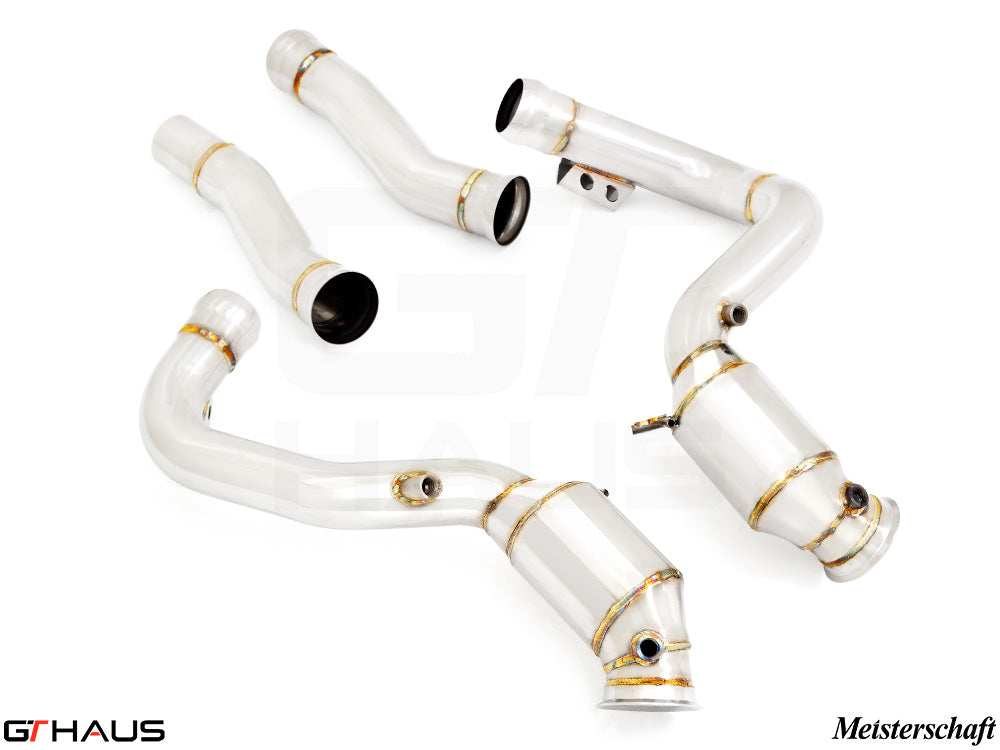 High-performance down pipes for Mercedes-Benz C190 AMG GTS Coupe/Convertible 2015+, featuring OBD2 and 400 CEL sport cats.