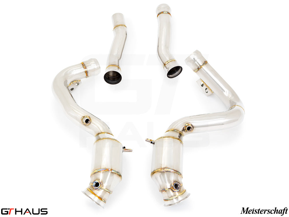 Premium down pipes for Mercedes-Benz C190 AMG GTS Coupe/Convertible 2015+, featuring 400 CEL sport cats for enhanced performance.