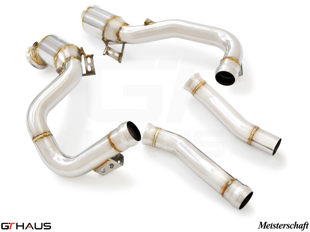 Premium down pipes for Mercedes-Benz C190 AMG GTS Coupe/Convertible, featuring OBD2 and 400 CEL sport cats for enhanced performance.