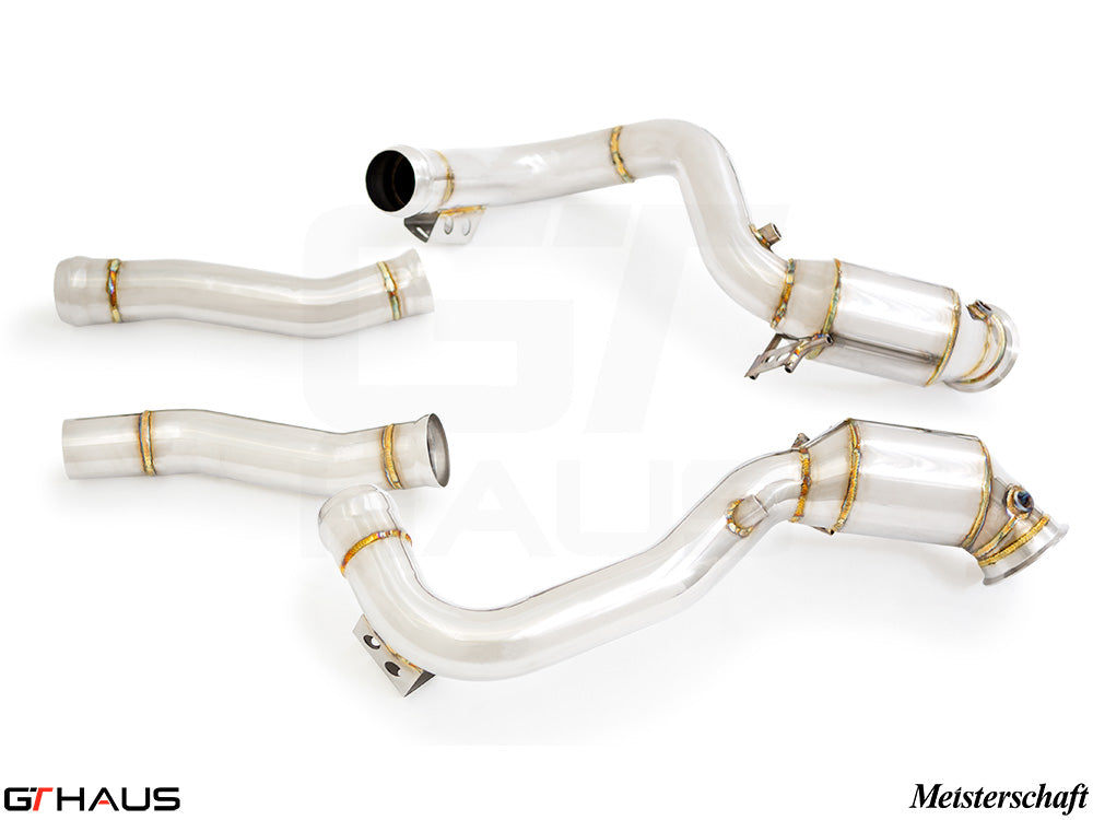 Premium down pipes for Mercedes-Benz C190 AMG GTS Coupe/Convertible 2015+, featuring OBD2 and 400 CEL sport cats.