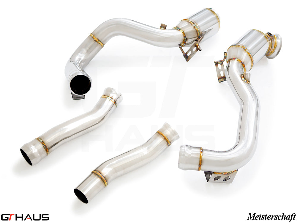 Premium down pipes for Mercedes-Benz C190 AMG GTS Coupe/Convertible 2015+, featuring OBD2 and 400 CEL sport cats.