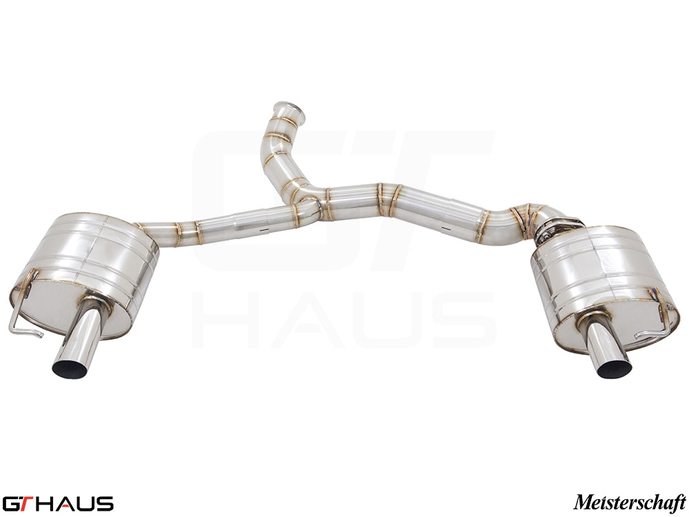 Premium exhaust system for Mercedes-Benz C205 C-Coupe C43 AMG, featuring dual polished tips and stainless steel construction.
